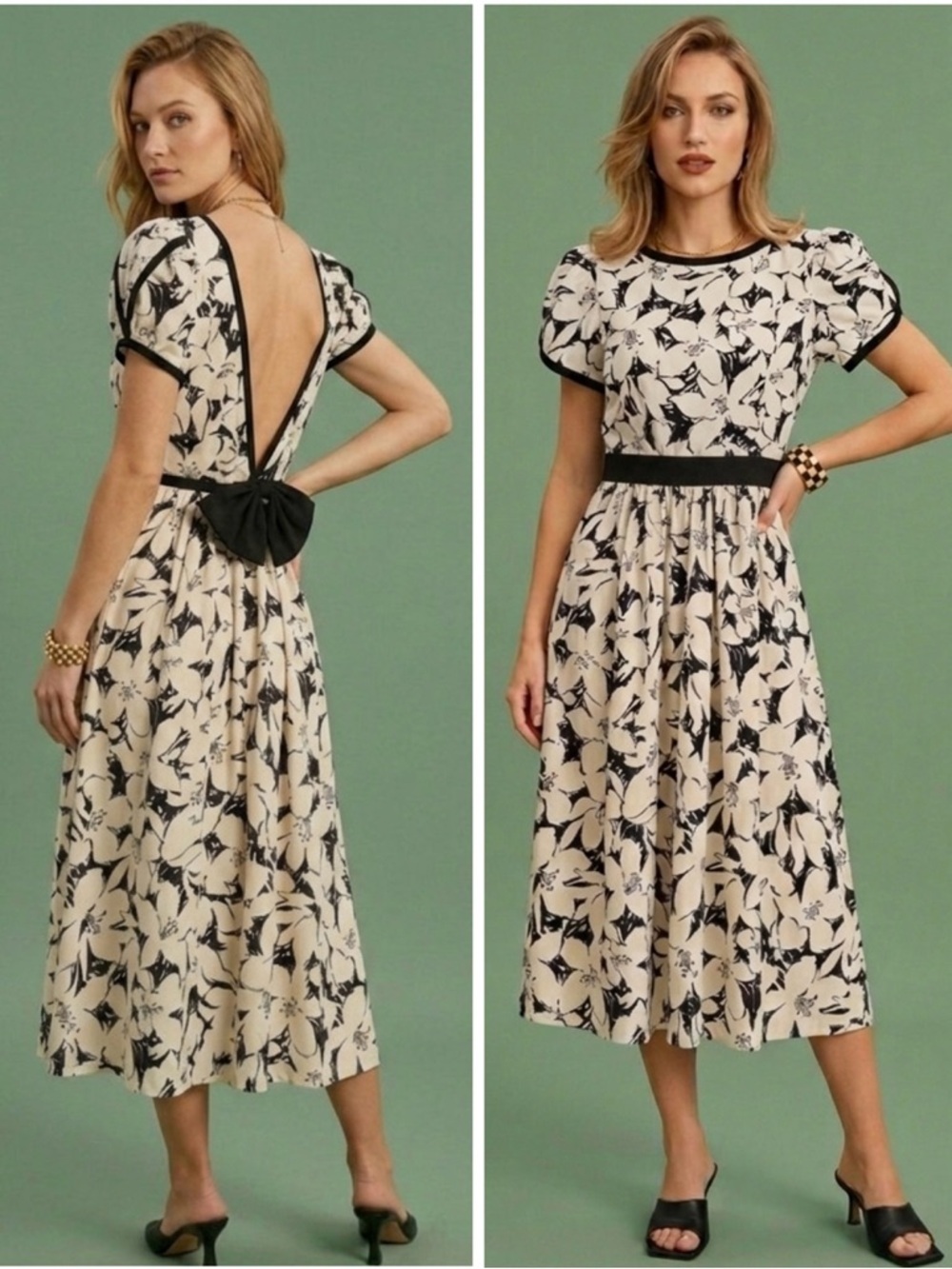 Vintage Lanz Originals Dress Floral Bow Open Back Midi Cotton Black & White 90s